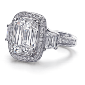 Vintage Inspired Emerald Cut Diamond Engagement Ring with Tapered Baguette Sides and Pave Set Diamond Setting